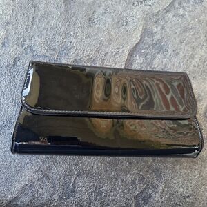 Unique Vintage Black Glossy Clutch With Brass Zippers & Unique Snap Coin Purse